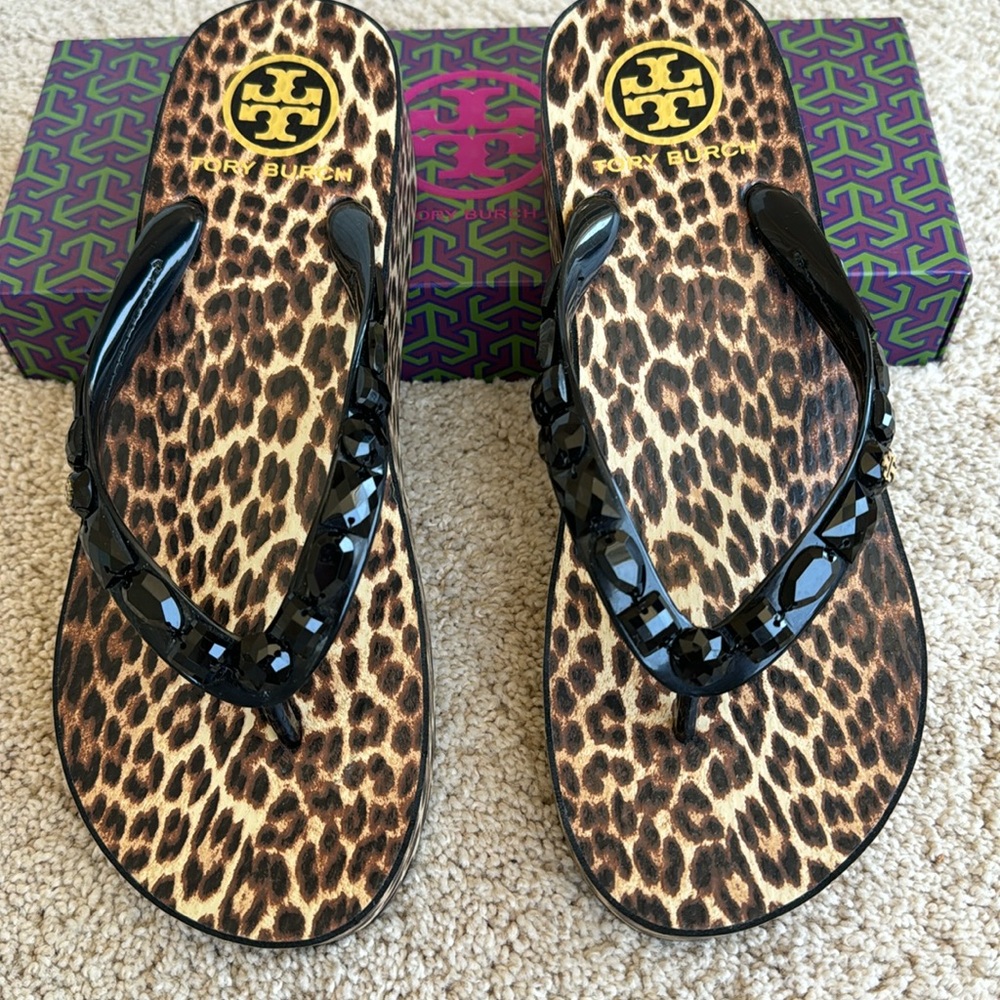 Tory Burch rubber leopard wedge sandals with black “jewel” stones.